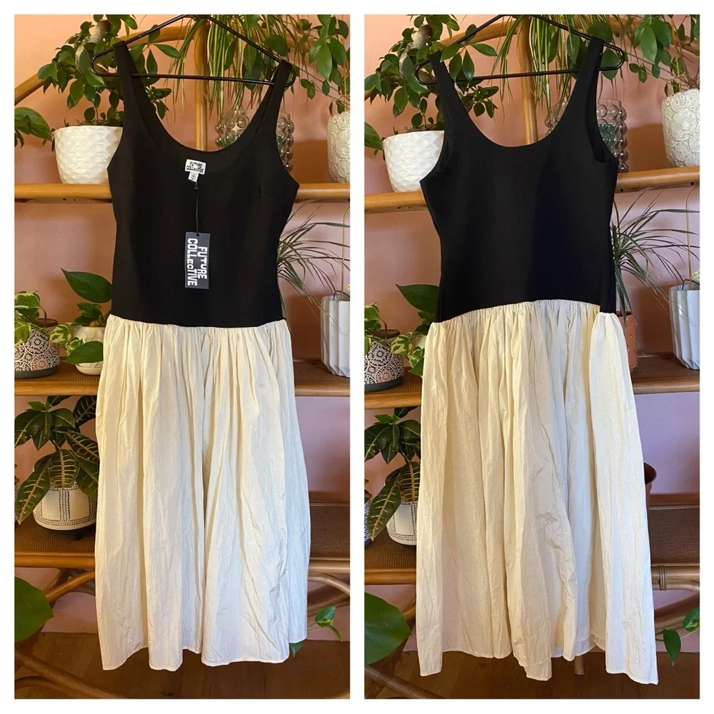 Sleeveless Contrasting Knit Ankle Dress Future Collective NWT Black Cream - Picture 6 of 8